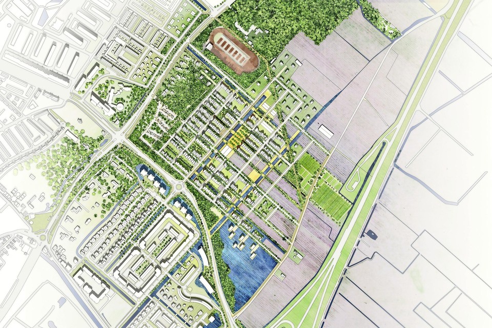 Het masterplan voor de nieuwbouwwijk Bronsgeest. Linksonder, aan de Van Berckelweg, de bestaande wijk Boechorst. Aan de rechterzijde loopt de provinciale weg