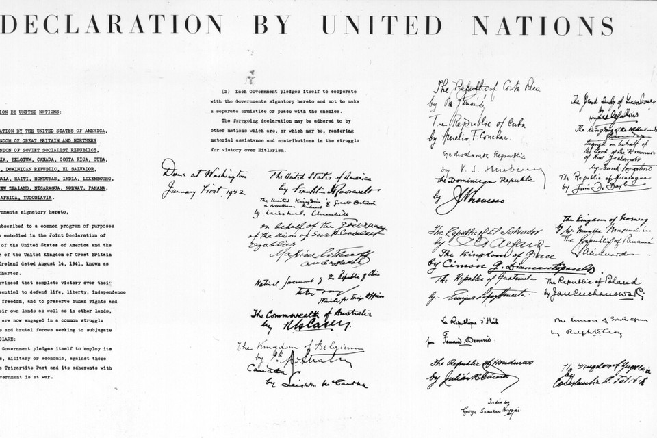 De verklaring door de verenigde naties werd begin 1942 door 26 landen getekend tijdens de Arcadiaconferentie in Washington.