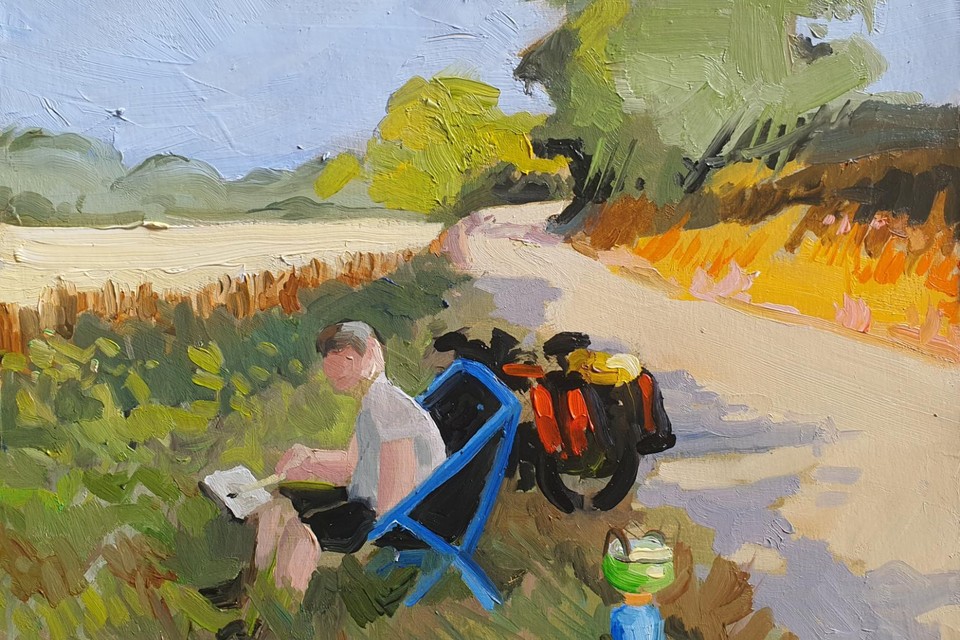 Barthel Brussee toont op dit schilderijtje hoe hij zijn fiets aan de kant van de weg zet om te gaan schilderen.