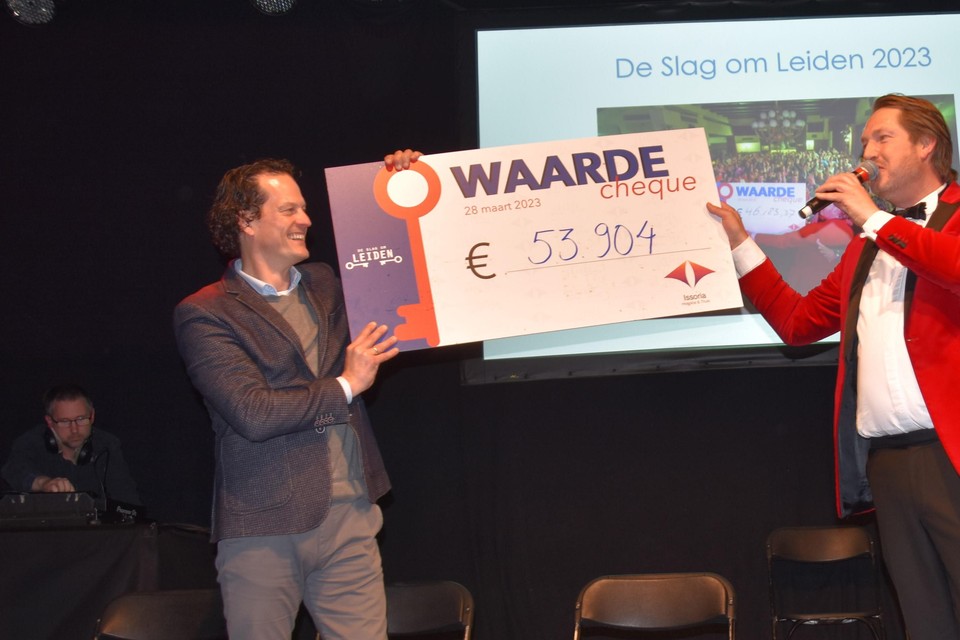 Presentator Thijs Hemmes (rechts) overhandigt de cheque aan Robert-Jan Stoop van Issoria.