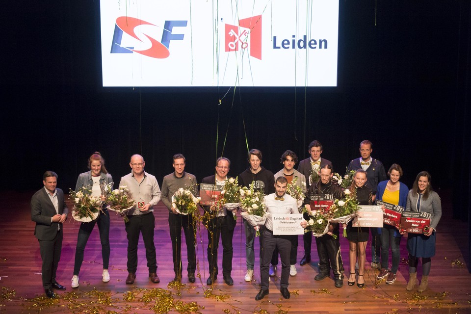 De winnaars van de Leidse Sportprijzen over 2017, tijdens het LSF Sportgala van vorig jaar.