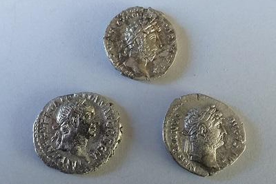 Drie van de 22 Romeinse munten die half januari werden gevonden.