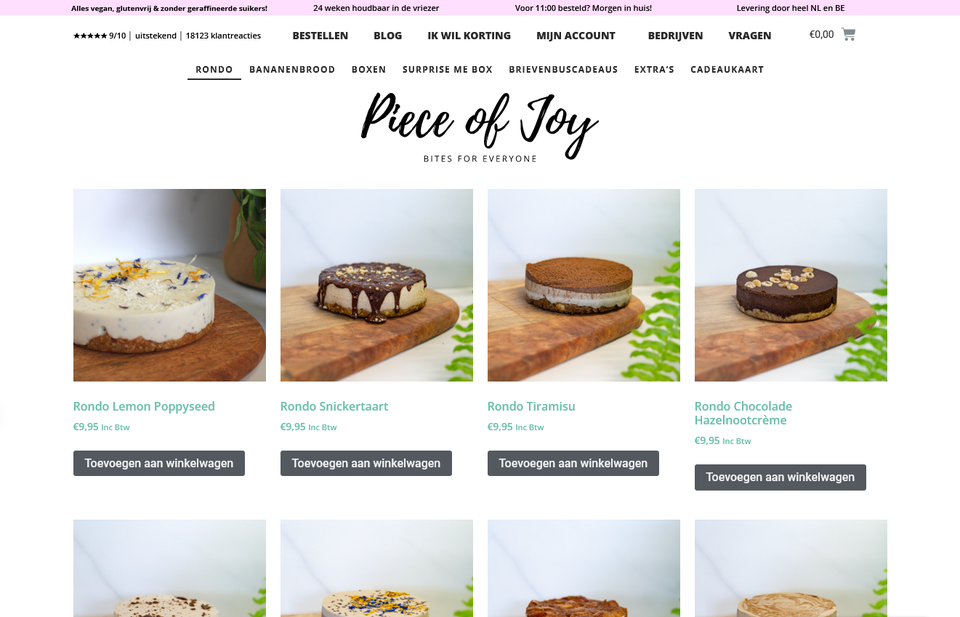 De webshop van Joy toont een keur aan taarten.