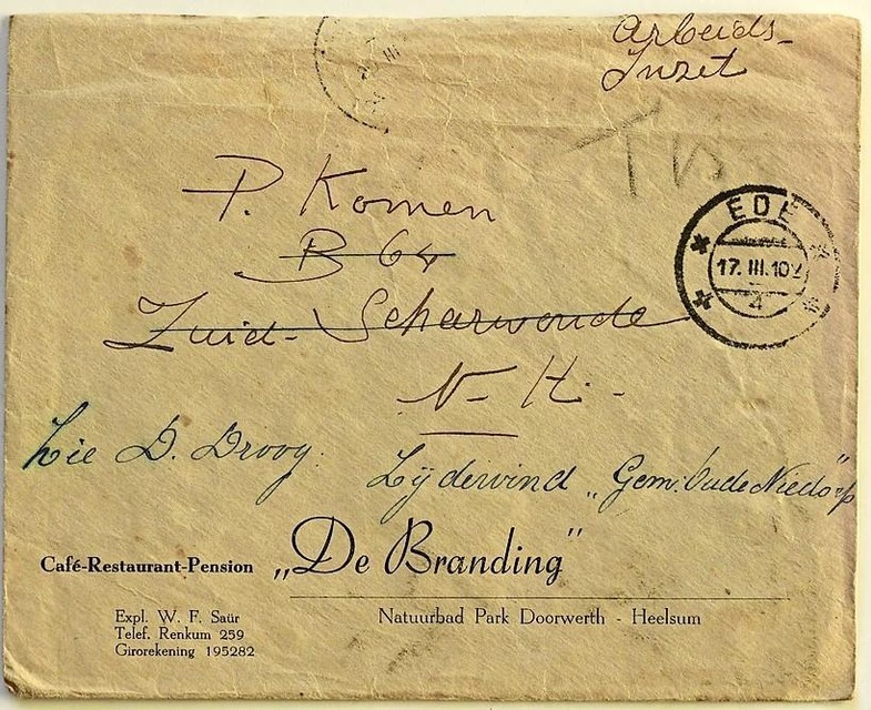 Oorlogsbrief van Piet Komen, doorgestuurd naar familie in Zijdewind.