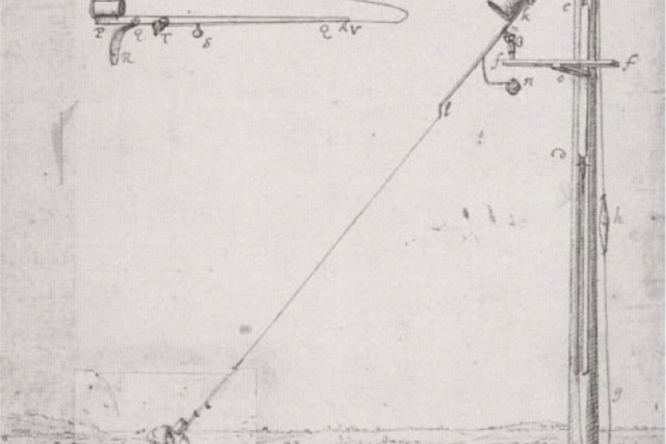 Huygens’ tekening van de buisloze kijker. Afbeelding Universiteitsbibliotheek Leiden