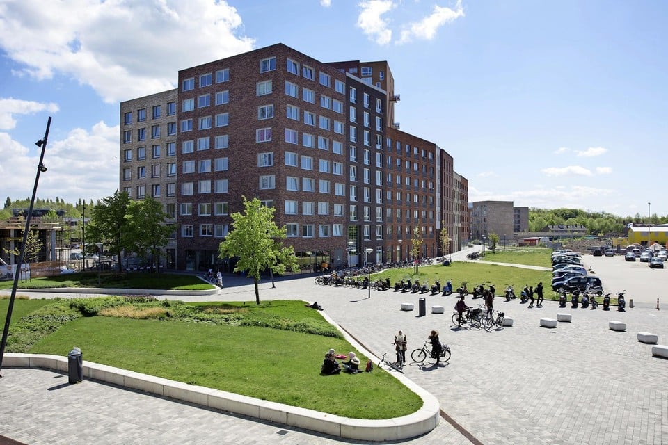Een deel van de inmiddels opgeleverde studentenwoningen aan het Betaplein, gezien vanuit het ROC-gebouw.