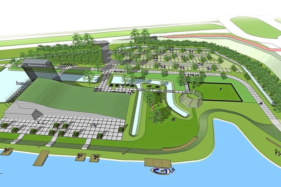 Het plan dat landschapsarchitect Peter Verkade maakte voor de omgeving van het ’recreatief transferium’ aan de Bospolder in Leiderdorp.