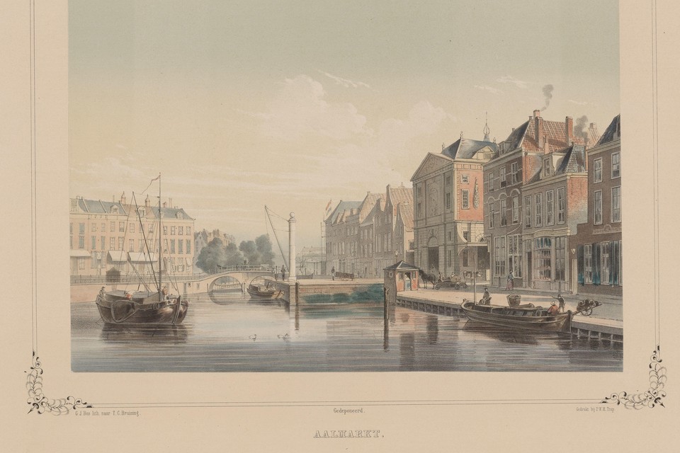 Het Waaghoofd van Leiden in 1850, met een lospaal voor tonnen en vaten.