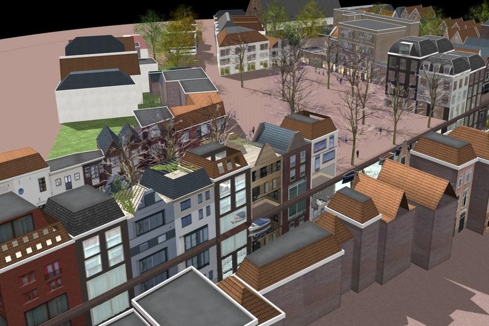 Linksonder begint het gewraakte rijtje van acht woningen aan de Hooigracht-kant van de Kaasmarkt.
