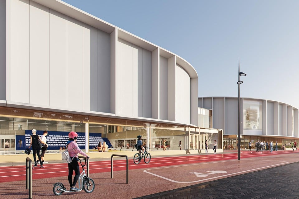 Een fietspad in de vorm van een atletiekbaan rond het nieuwe sportcentrum aan De Vliet.