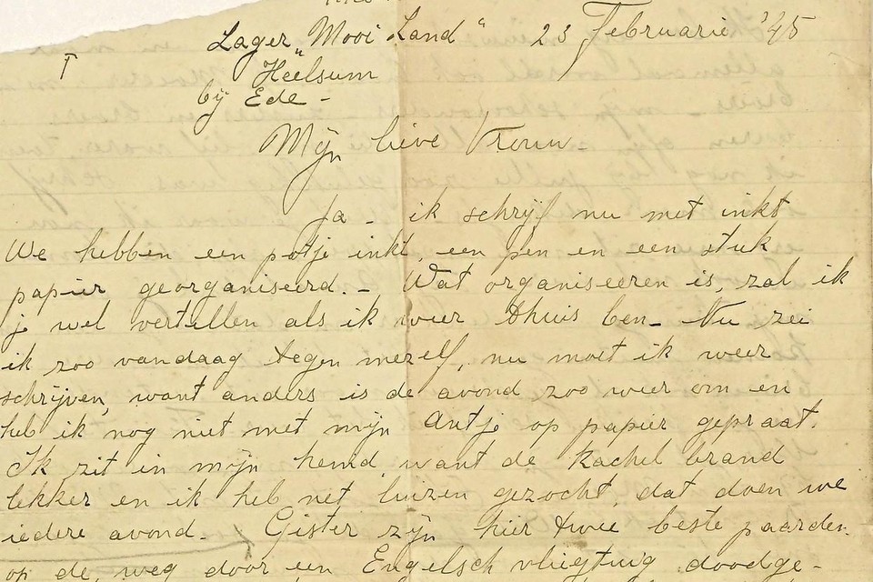 Een van de brieven die Piet Komen schreef vanuit kamp Mooi-Land in het Gelderse Heelsum.