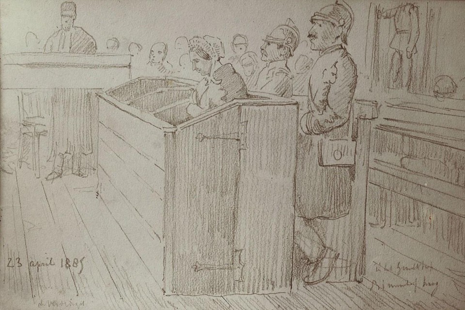 Victor de Stuers maakte de tekeningen boven en onder tijdens het proces van Mie in 1885.