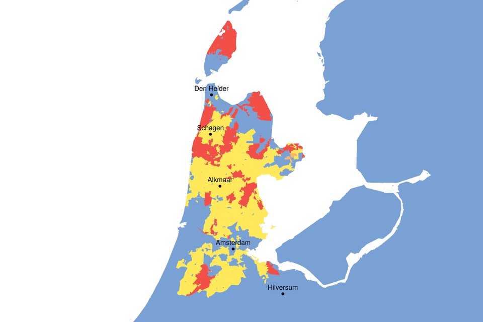 Knelpuntenkaart van Liander voor grote afnemers van energie. In rode gebieden kan er voorlopig niets meer bij, geel is iets minder kritiek.