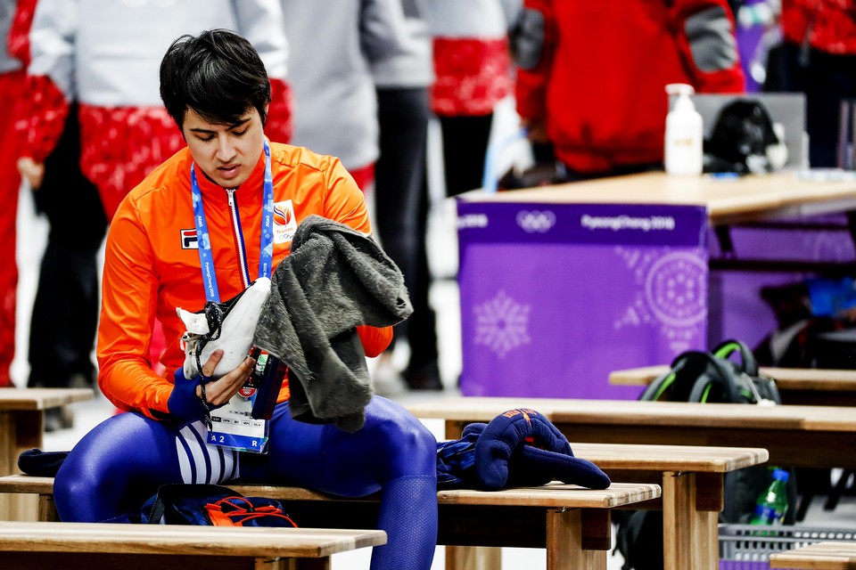Kai Verbij na de 500 meter schaatsen in de Gangneung Oval tijdens de Olympische Winterspelen van Pyeongchang.