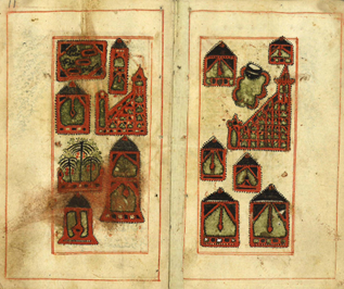 Afbeelding uit Dala'il al-Khayrat. Medina (links), Mekka (rechts).