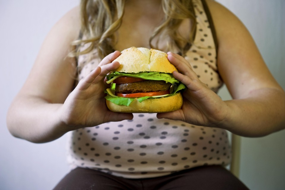 2010-10-02 00:00:00 ILLUSTRATIE - Een dik meisje eet een hamburger. ANP XTRA ROOS KOOLE