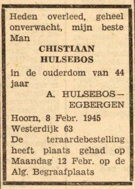 Rouwadvertentie in de Helderse Courant, met zetfout in de naam van Christiaan Hulsebos.