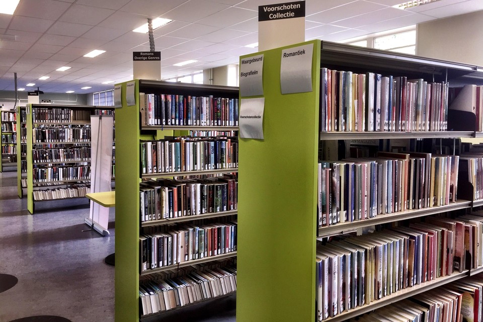 Boekenkasten in de bibliotheek van Voorschoten.